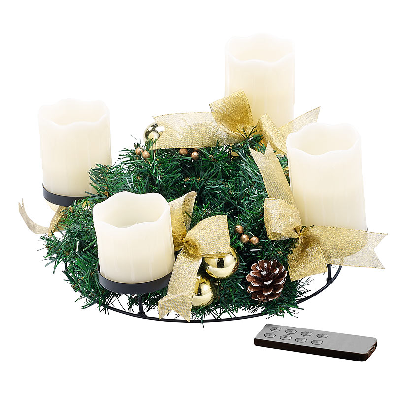 Adventskranz, golden, 4 weiße LED-Kerzen mit bewegter Flamme