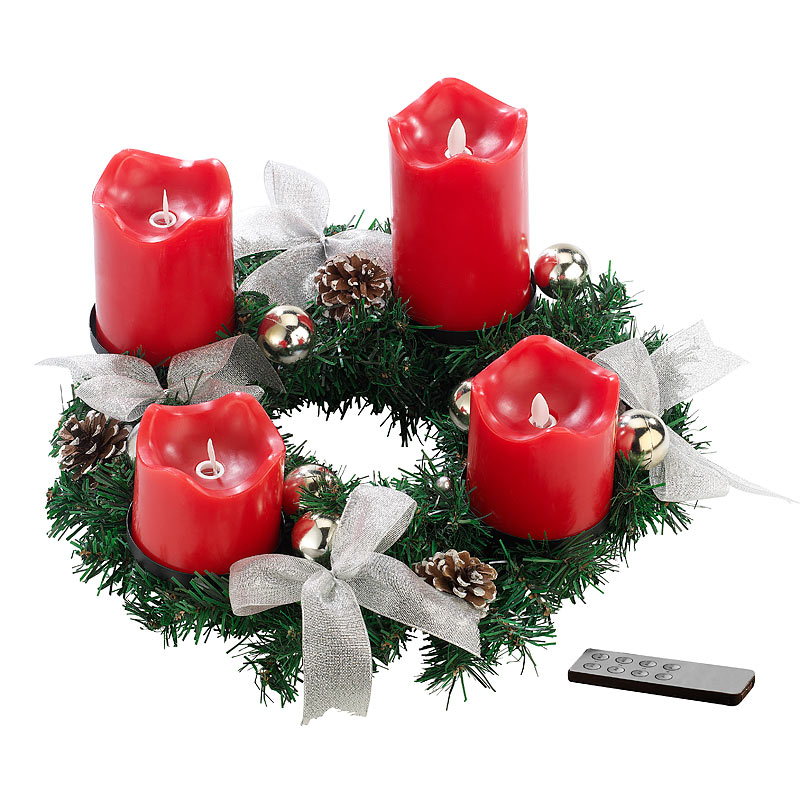 Adventskranz, silbern, 4 rote LED-Kerzen mit bewegter Flamme