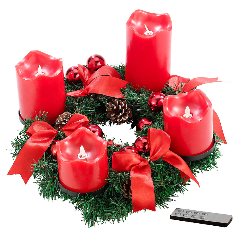 Adventskranz, rot, 4 rote LED-Kerzen mit bewegter Flamme