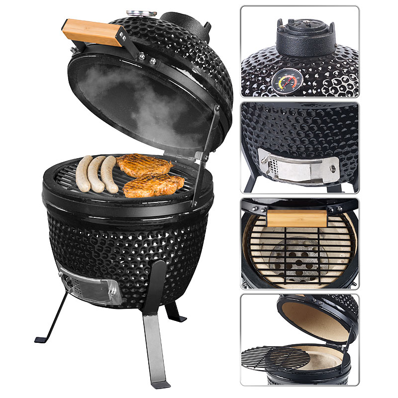 2in1-Kamado-Keramik-Kugelgrill & Smoker, Thermometer, Lüftung, Ø 27 cm