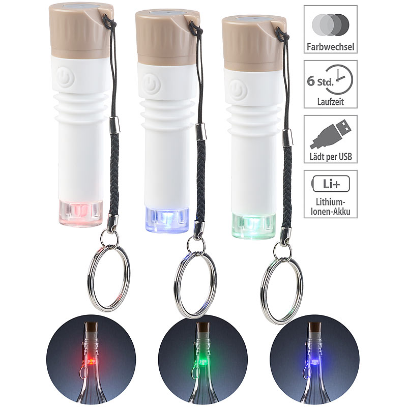 3er-Set LED-Weinflaschen-Lichter mit RGB-Farbwechsel, per USB ladbar