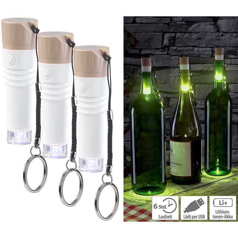 3er-Set LED-Weinflaschen-Lichter mit weißem Licht, per USB ladbar