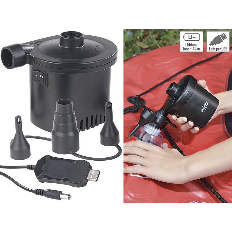 Akku-Luftpumpe mit 3 Ventil-Aufsätzen und USB-Ladekabel, 200 l/Min.