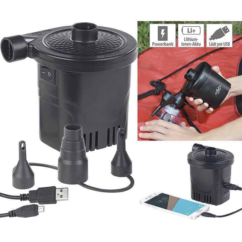 2in1-Akku-Luftpumpe mit Powerbank-Funktion & USB-Ladekabel, 250 l/Min