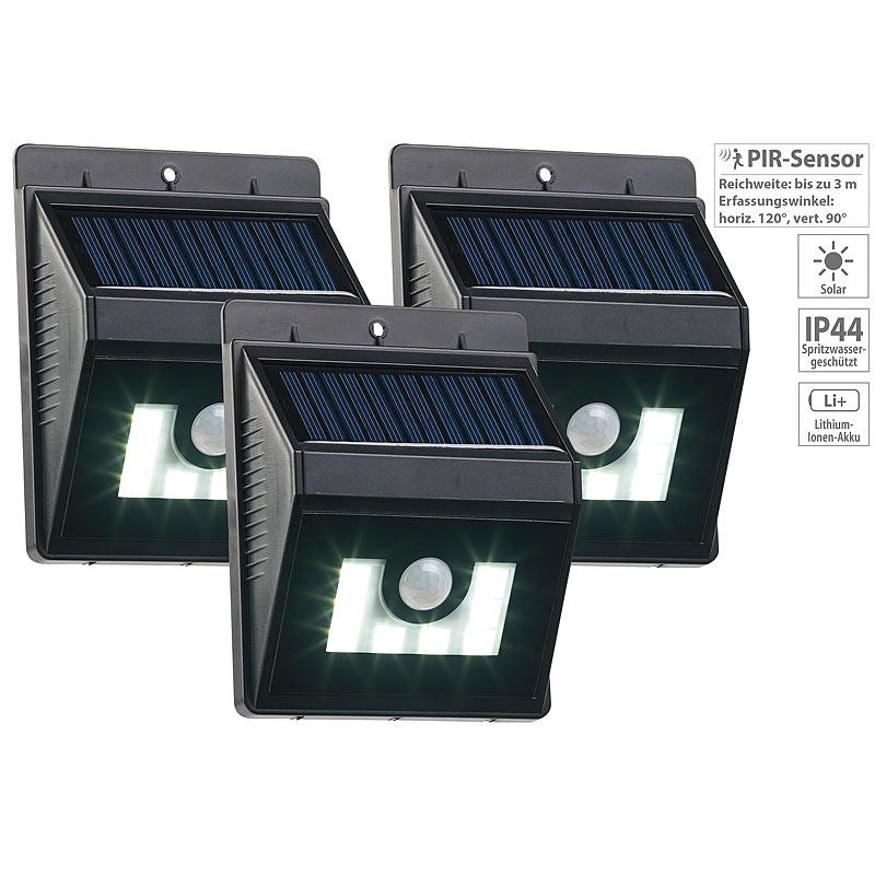 3er-Set Solar-LED-Wandleuchten mit Bewegungsmelder, Dimm-Funktion