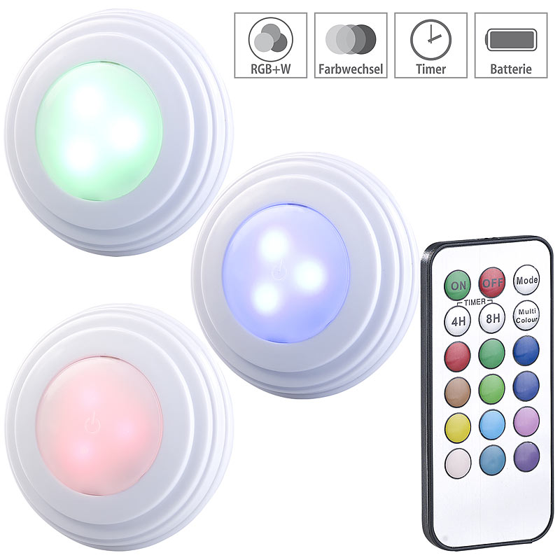 3er-Set RGB+W-LED-Unterbauleuchten, Fernbedienung, Timer, erweiterbar