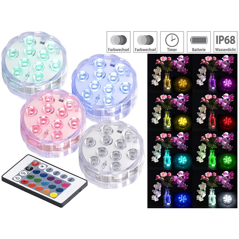 4er-Set RGB-LED-Unterwasserleuchten mit Fernbedienung, IP68