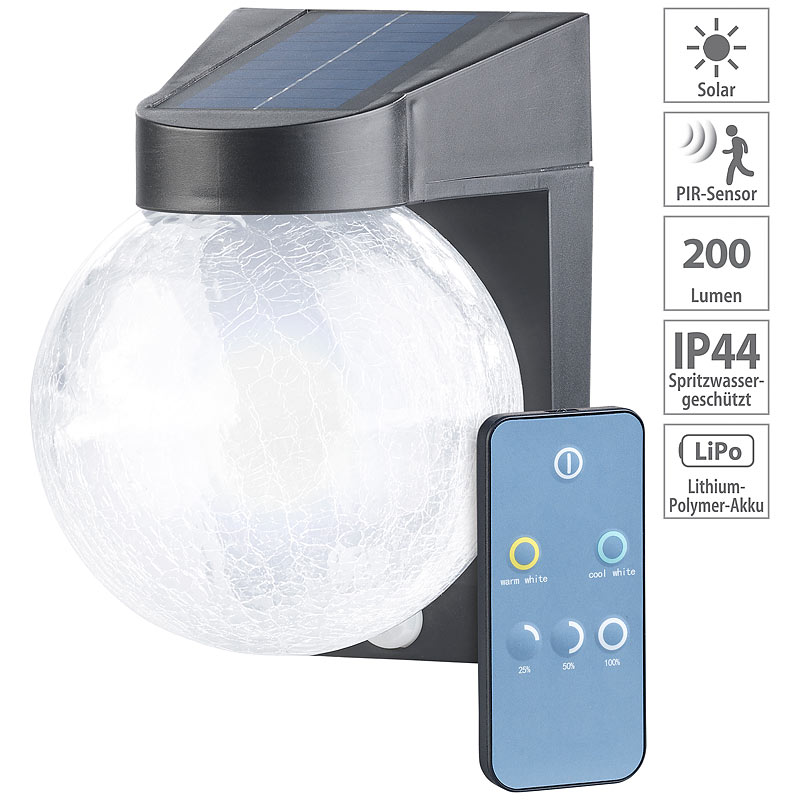Solar-LED-Wandleuchte im Crackle-Glas-Design, PIR-Sensor, 200 Lumen