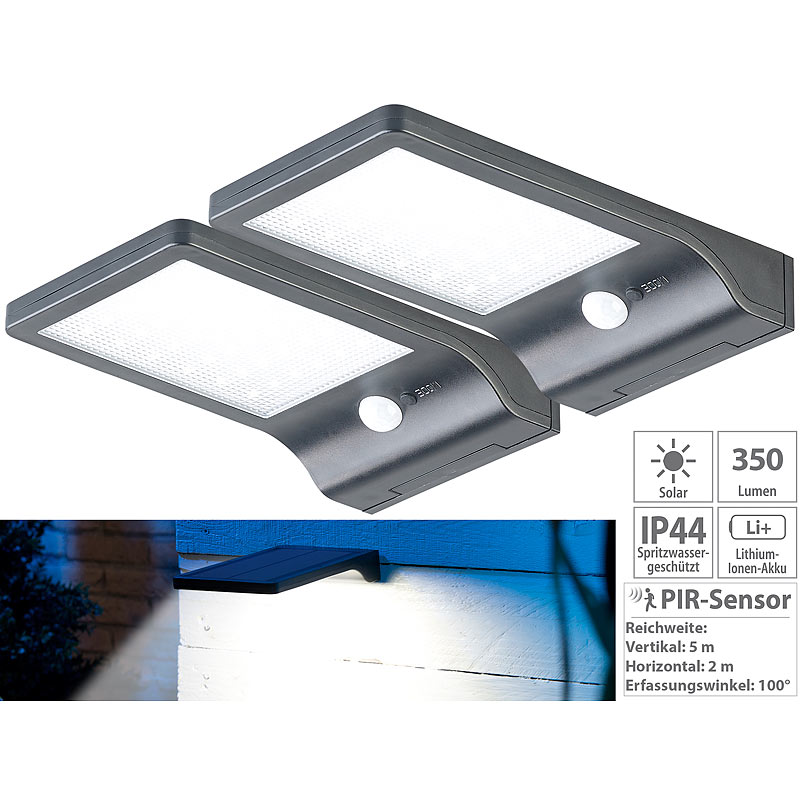 2er-Set Solar-LED-Wandleuchten, PIR-Sensor & Nachtlicht, IP44, 350 lm