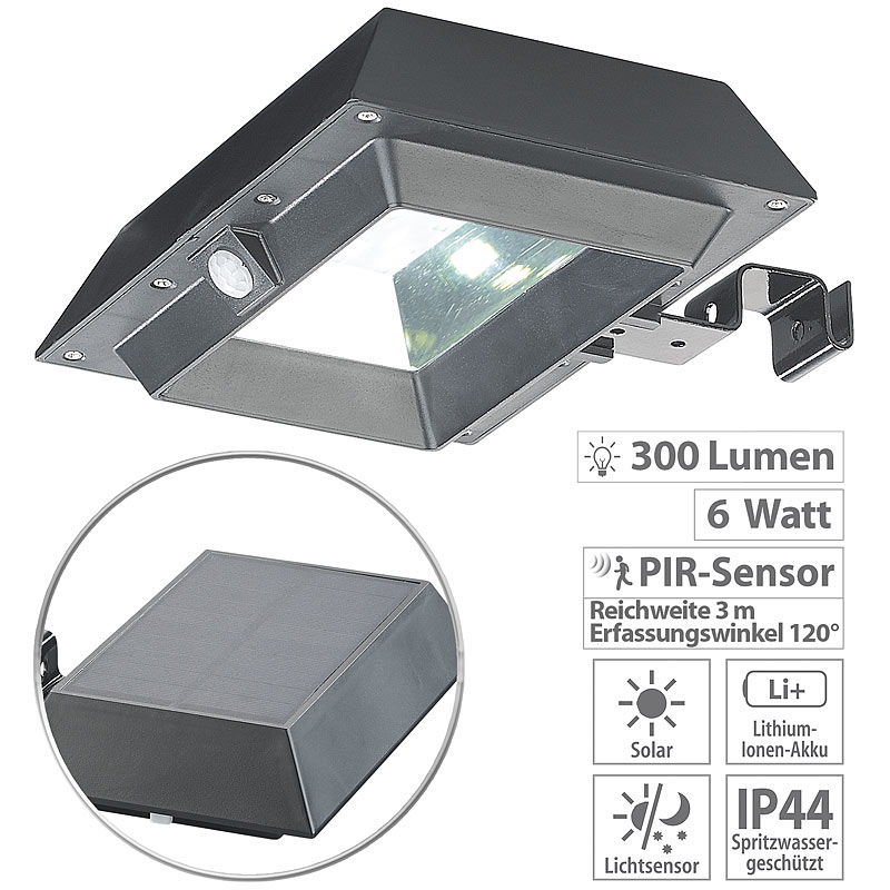 2in1-Solar-LED-Dachrinnen- & Wandleuchte, PIR-Sensor, 300 lm, schwarz