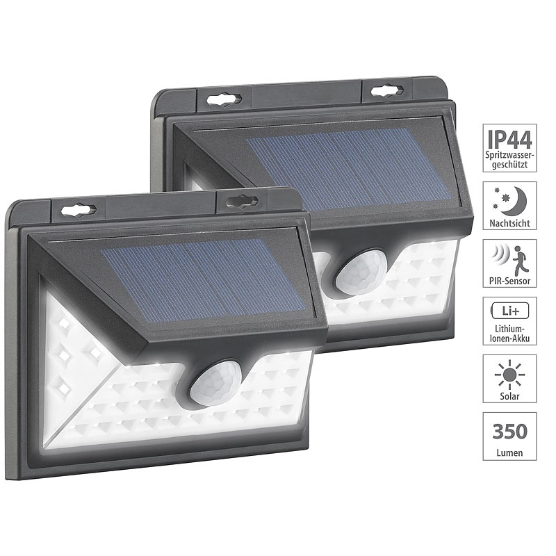 2er-Set Solar-LED-Wandleuchten, Bewegungs-Sensor, Akku, 350 lm, 7,2 W