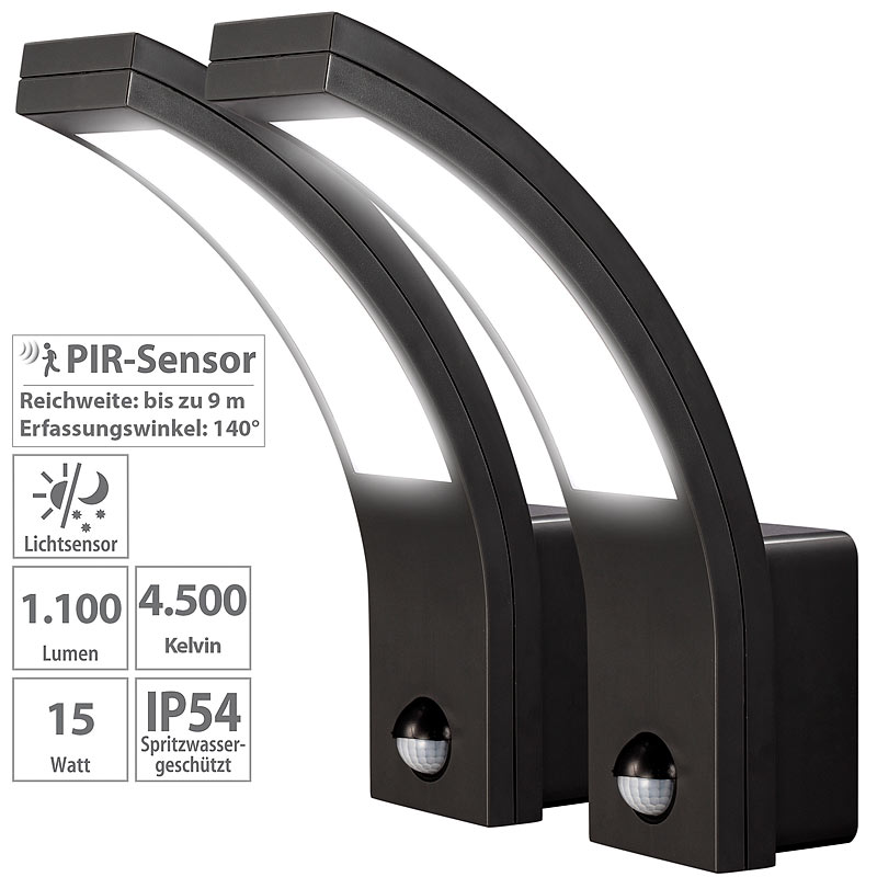 2er-Set LED-Außen-Wandleuchten mit PIR-Bewegungssensor, 1.100 Lumen