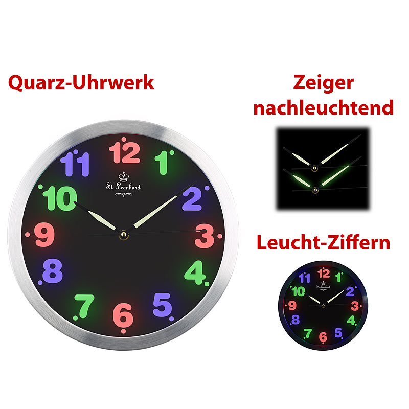 Wanduhr mit bunter LED-Zifferbeleuchtung und Quarz-Uhrwerk