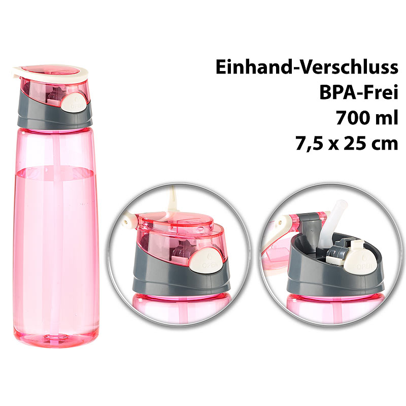BPA-freie Kunststoff-Trinkflasche mit Einhand-Verschluss, 700 ml, pink