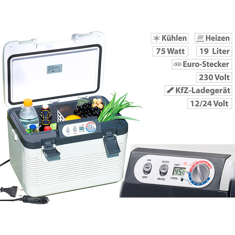 Thermoelektrische Kühl-/Wärmebox, LED-Anzeige, 12/24 & 230 V, 19 Liter