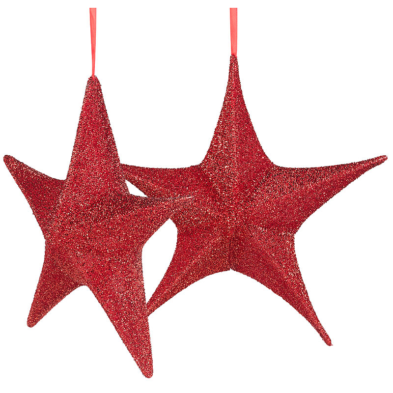 2er-Set faltbare Weihnachtssterne zum Aufhängen, rot glitzernd, Ø 40cm