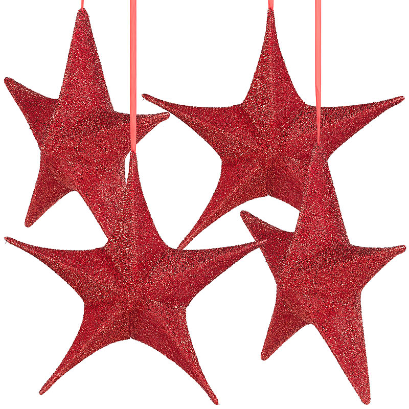 4er-Set faltbare Weihnachtssterne zum Aufhängen, rot glitzernd, Ø 40cm