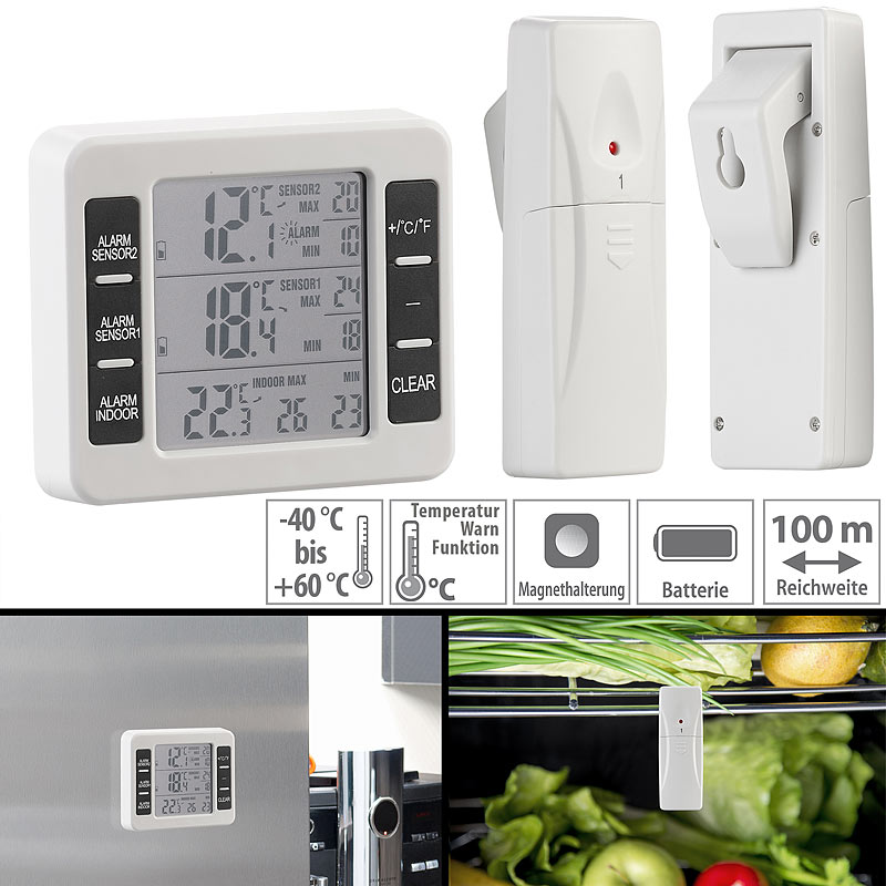 Digitales Funk-Kühl- & Gefrierschrank-Thermometer mit Raumthermometer