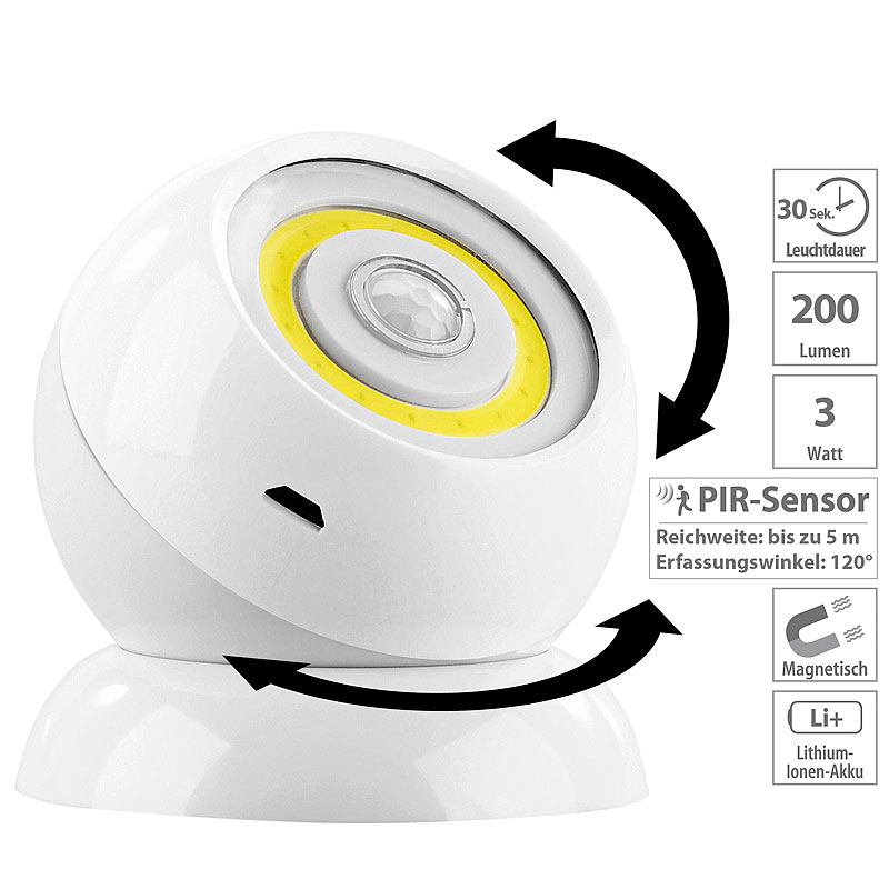 Ultrahelle COB-LED-Akku-Leuchte mit PIR Sensor, 200 Lumen, weiß