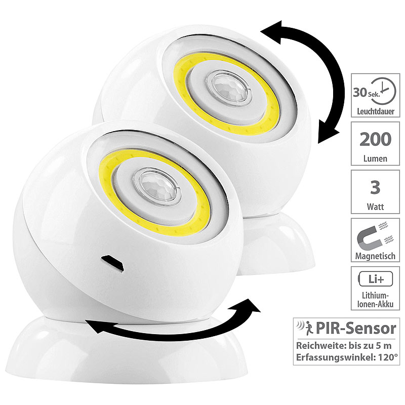 2er-Set ultrahelle COB-LED-Akku-Leuchten mit PIR Sensor, 200 lm, weiß