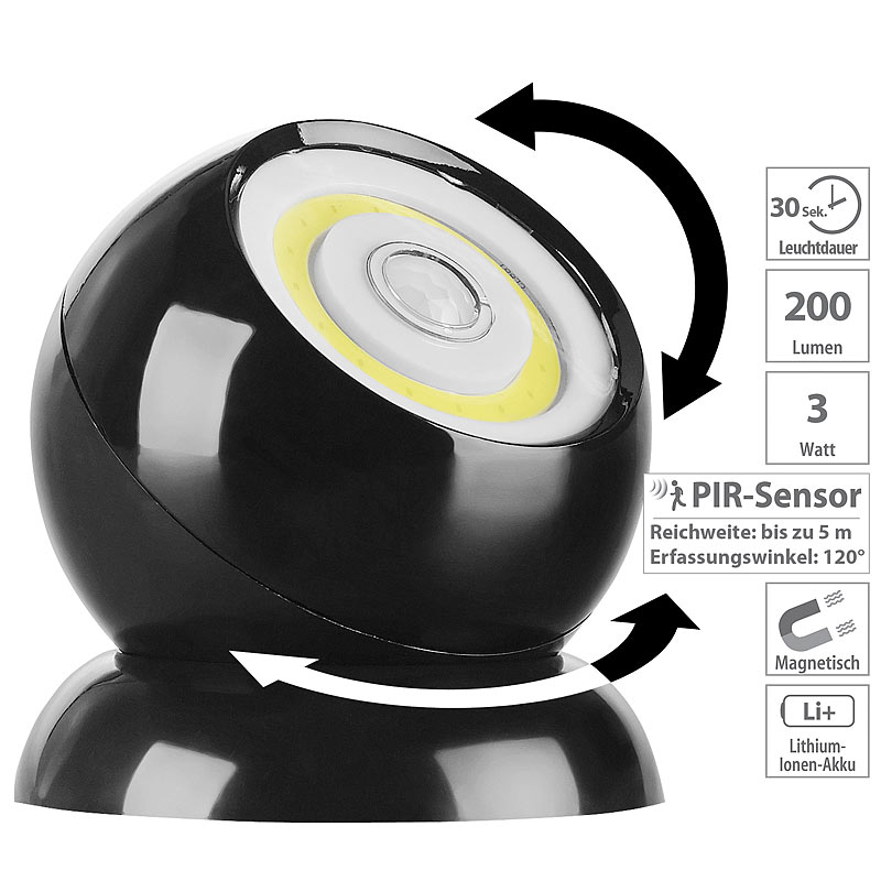 Ultrahelle COB-LED-Akku-Leuchte mit PIR-Sensor, 200 Lumen, schwarz