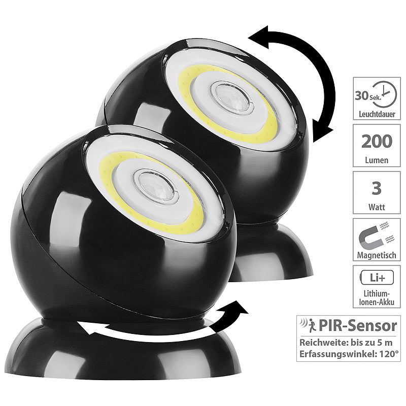 2er-Set ultrahelle COB-LED-Akku-Leuchten, PIR Sensor, 200 lm, schwarz