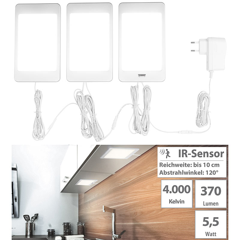 3er-Set LED-Unterbaupanels mit IR-Sensor, 36 SMD-LEDs, 370 lm, 5,5 W