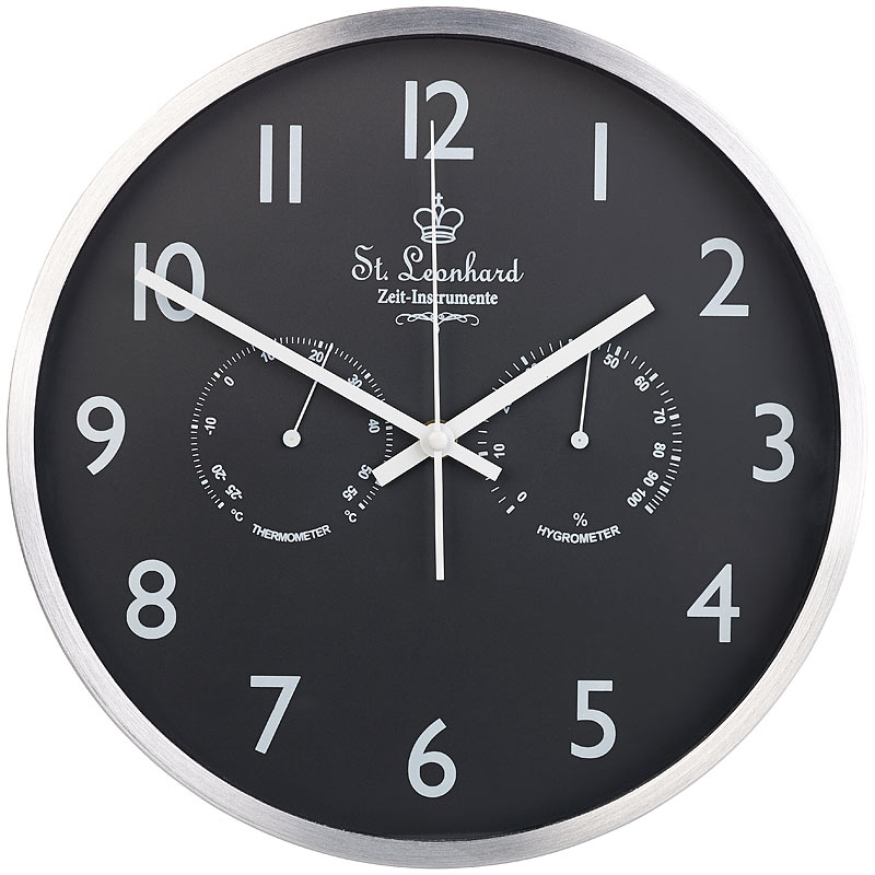 3in1FunkWanduhr mit Thermometer & Hygrometer, aus Aluminium, Ø 30cm