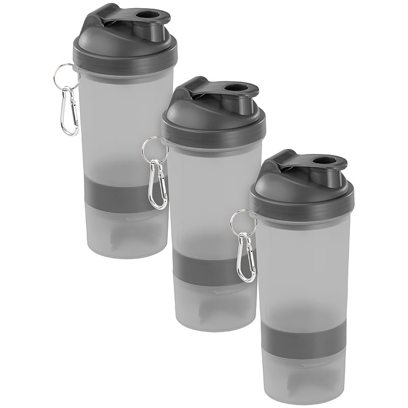 3er-Set Fitness-Drink-Shaker mit 2 Pulverkammern & Mischball, 500 ml