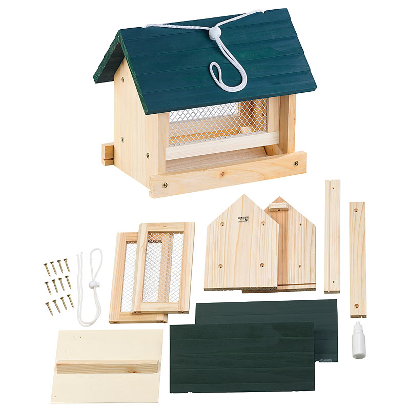 Vogel-Futterhaus-Bausatz, mit Silo, Echtholz, zum Aufhängen, 11-teilig