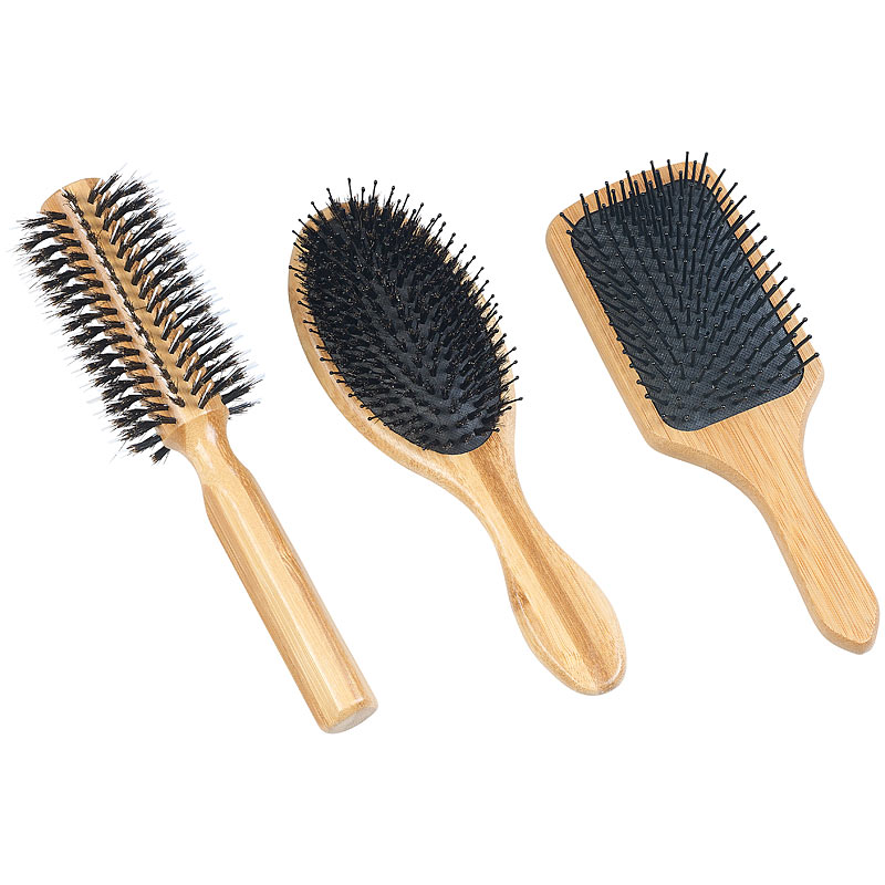 3er-Set Haarbürsten aus Bambusholz, Rund-, Paddel- und Pflegebürste