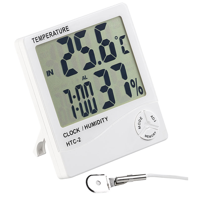 Digitales Thermometer & Hygrometer mit Außensensor, Uhr und Wecker