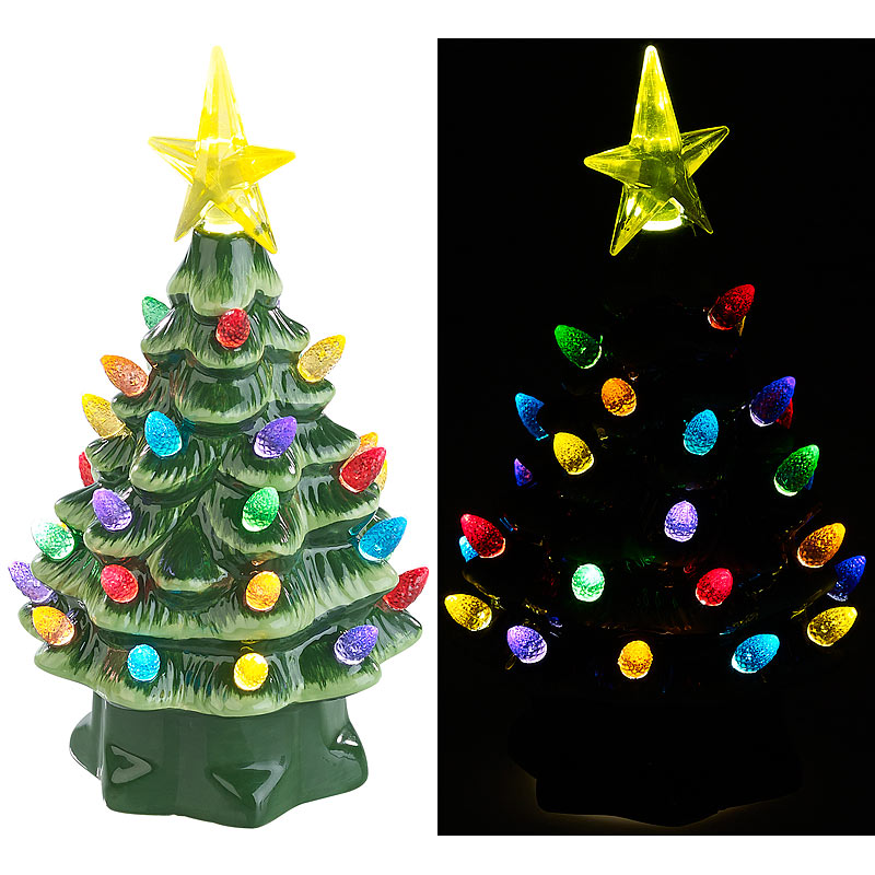 Deko-Weihnachtsbaum aus Keramik mit LED-Beleuchtung, Timer, 19 cm