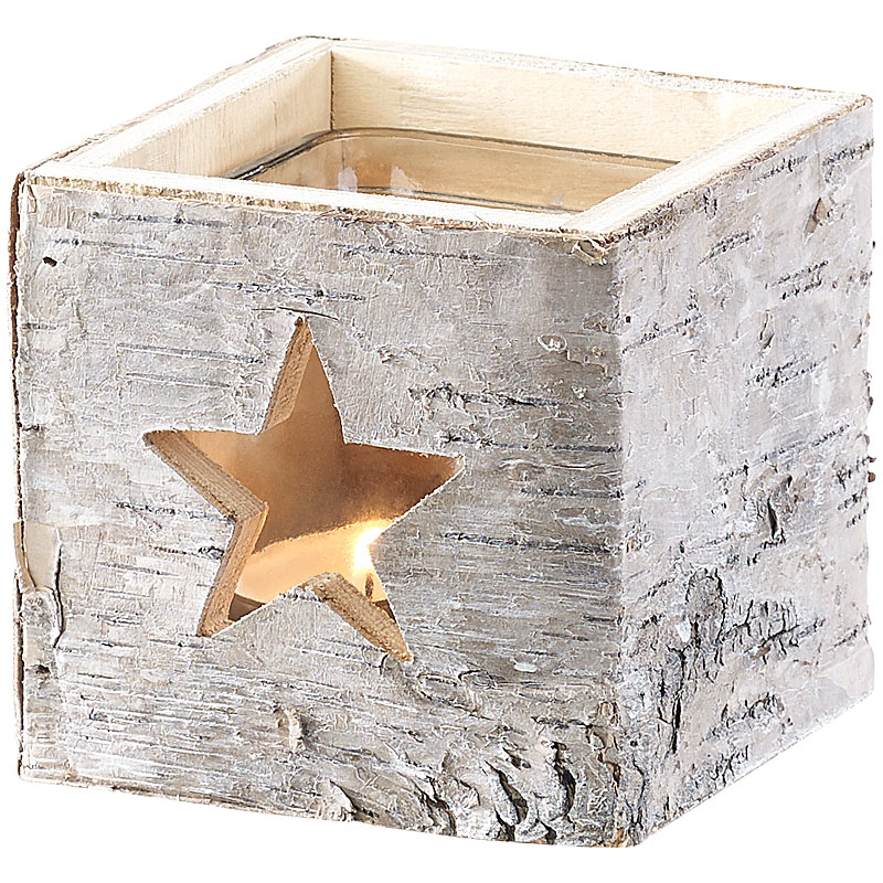 Windlicht aus Holz mit Stern-Motiv und herausnehmbarem Teelicht-Glas