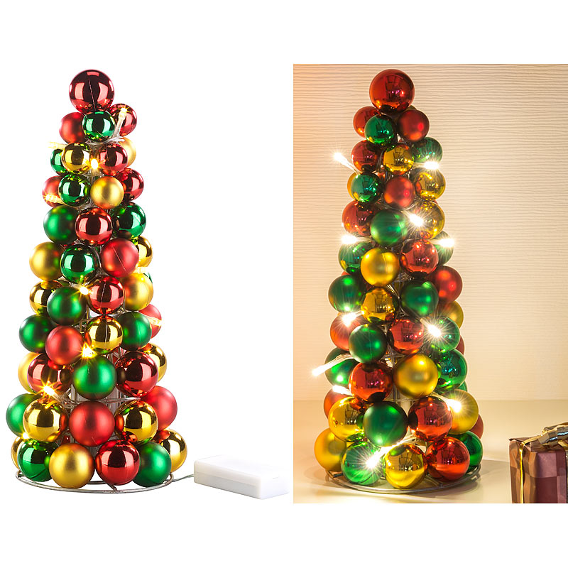 LED-beleuchtete Weihnachtsbaum-Pyramide mit bunten Kugeln, 30 cm