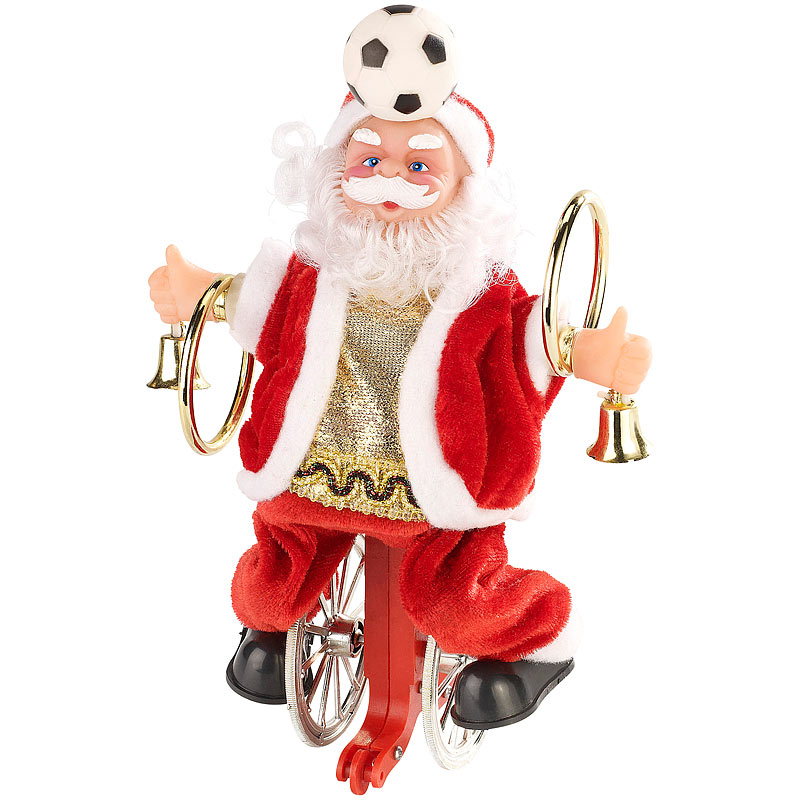 Weihnachtsmann auf Einrad, mit Fussball
