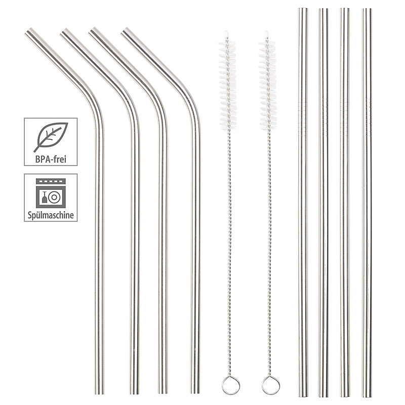 Set mit 8 Edelstahl-Trinkhalmen und 2 Reinigungsbürsten