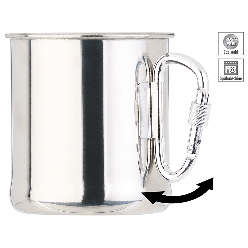 Leichter Edelstahl-Becher mit klappbarem Karabiner-Henkel, 250 ml