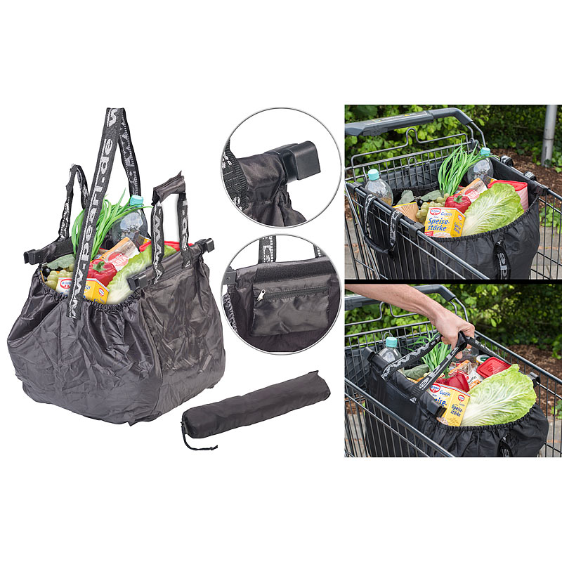 Einkaufswagen-Tasche mit Befestigungs-Clips und Schultergurt, 20 Liter