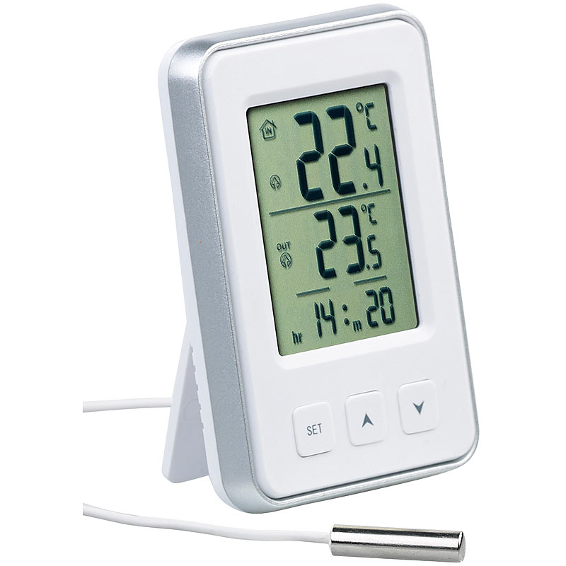 PEARL Digitales Innen und AußenThermometer mit Uhrzeit und LCD