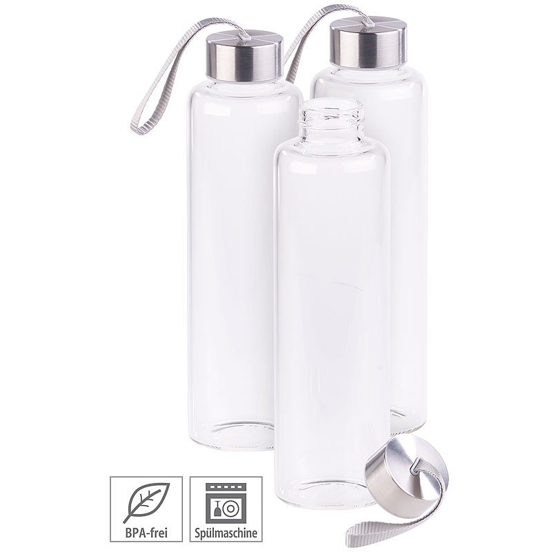 3er Set Trinkflasche aus Borosilikat-Glas, 550 ml, BPA-frei