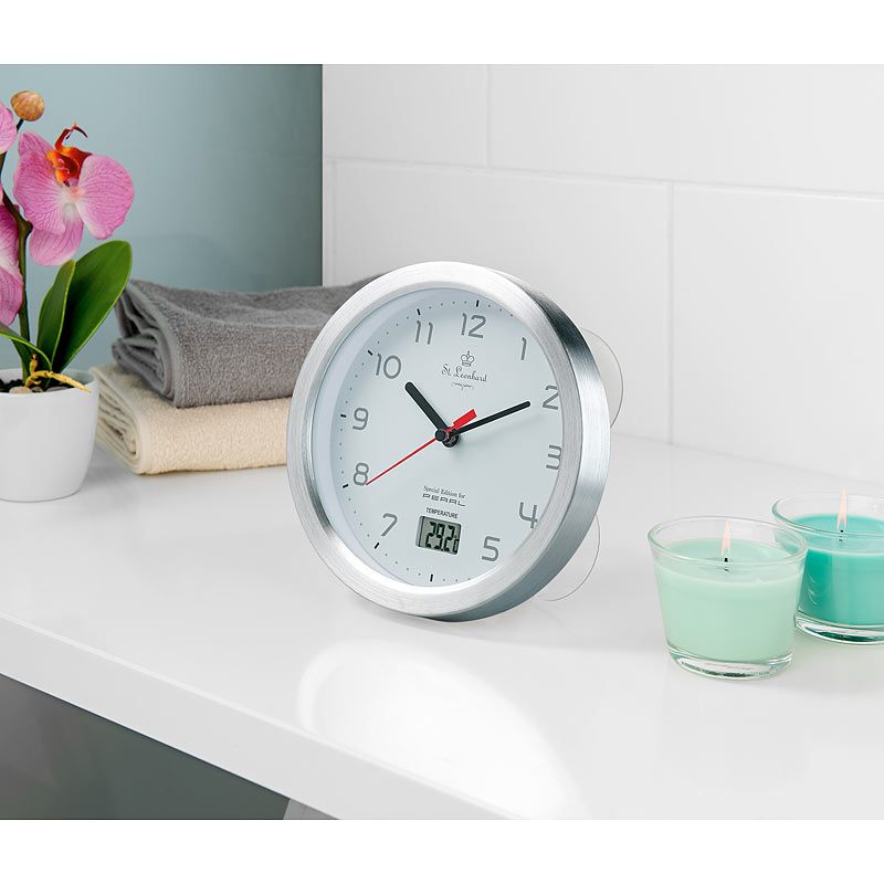 Baduhr: Badezimmer-Wanduhr mit LCD-Thermometer und Aluminium-Rahmen