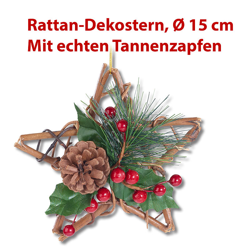 Handgefertigter Rattan-Dekostern mit echten Tannenzapfen, Ø 15 cm