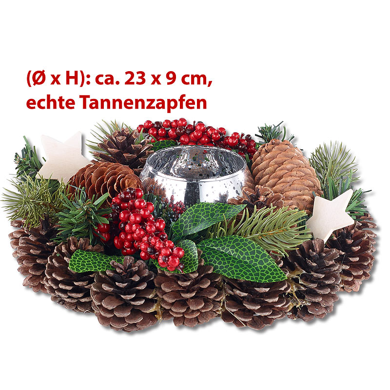 Handgefertigtes Weihnachts- & Adventsgesteck mit Teelicht-Halter, 23cm
