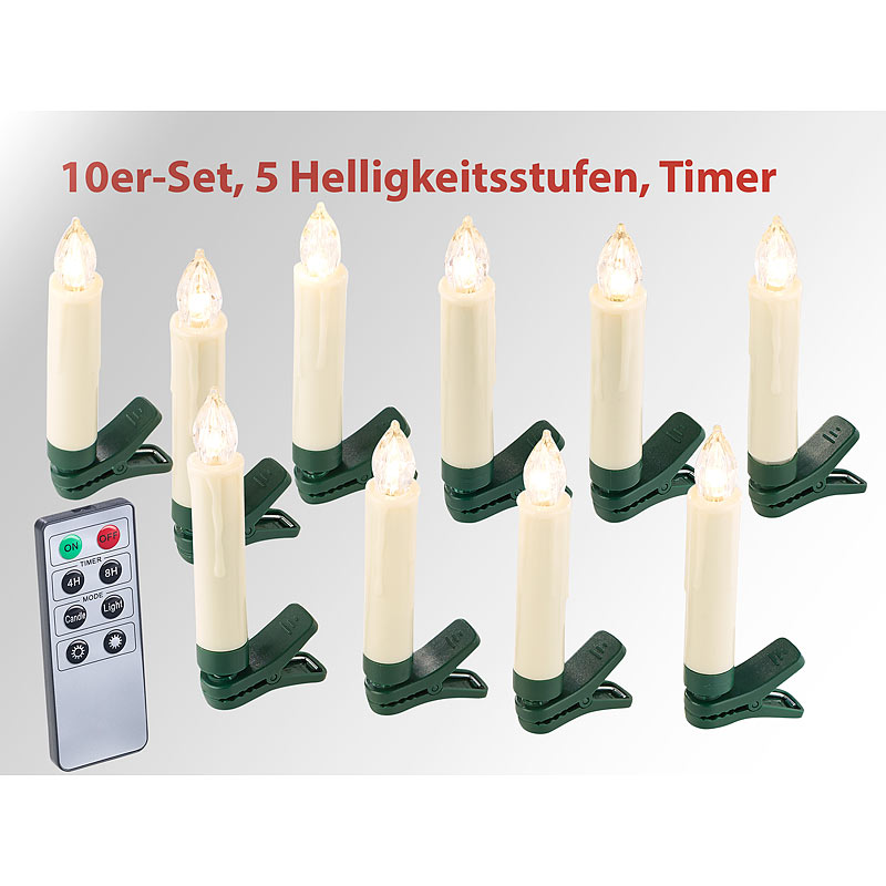 10er-Set LED-Weihnachtsbaum-Kerzen mit IR-Fernbedienung, Timer, weiß