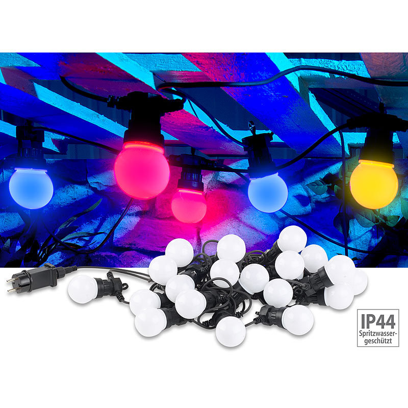 Party-LED-Lichterkette m. 20 LED-Birnen, 6 Watt, IP44, 4-farbig, 9,5 m