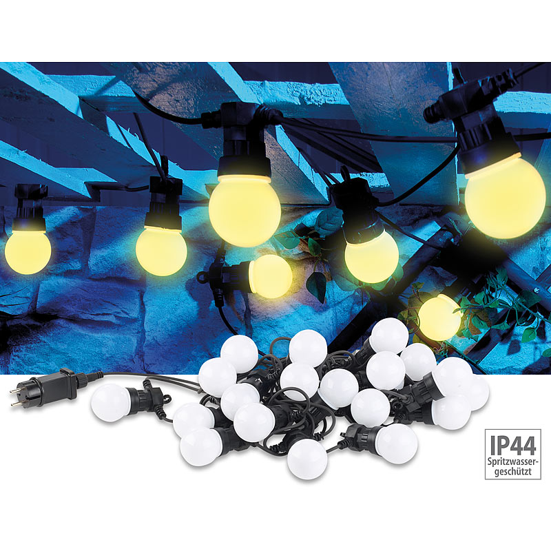 Party-LED-Lichterkette m. 20 LED-Birnen, 6 Watt, IP44, warmweiß, 9,5 m