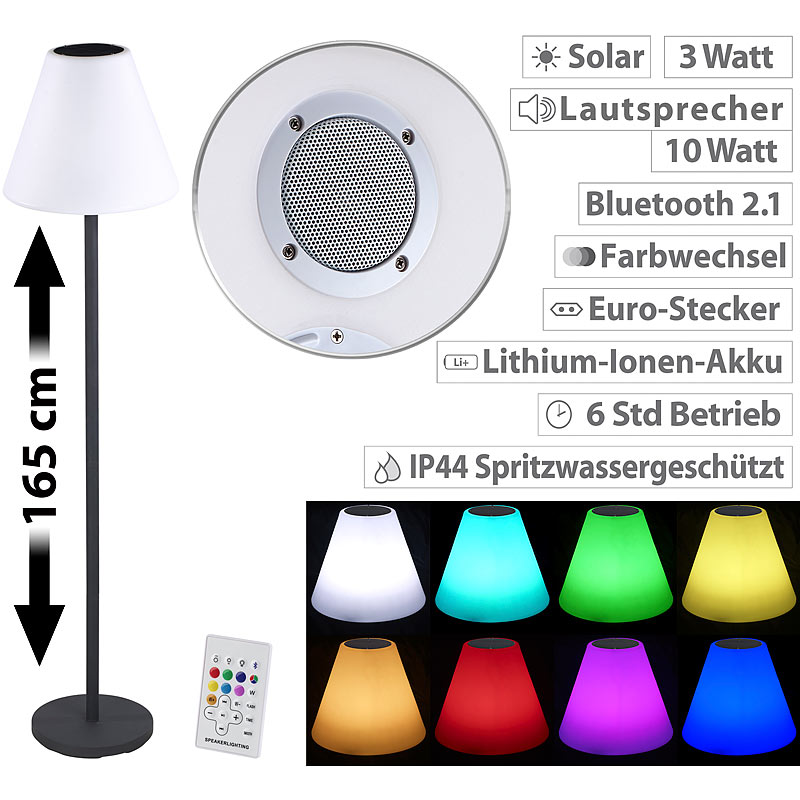 Solar-LED-Stehleuchte, Lautsprecher, Bluetooth, 7 Farben, 50 lm, 2,4 W
