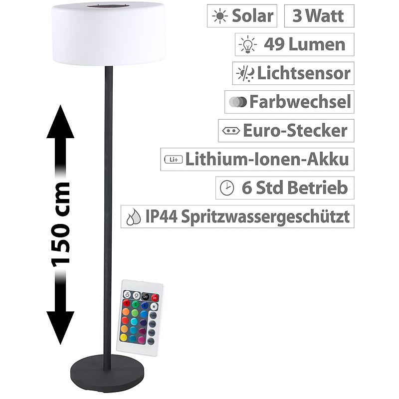 Solar-LED-Stehleuchte, Lichtsensor, 16 Farben, 50 lm, 2,4 W, IP44