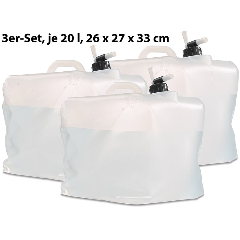 3er-Set Faltbare Wasserkanister mit Zapfhahn, 20 Liter